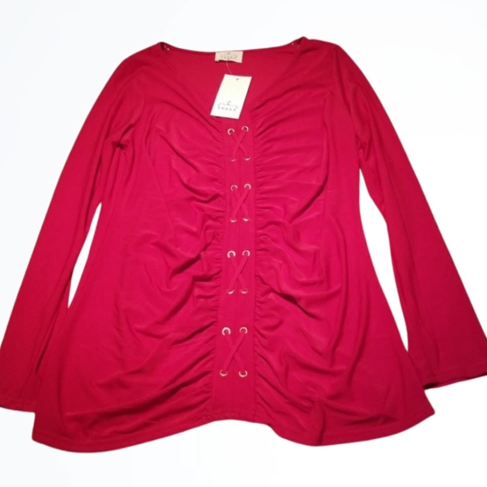 Ember Bright Red Long Sleeve Ruched and Embellished Blouse Top Size M NWT